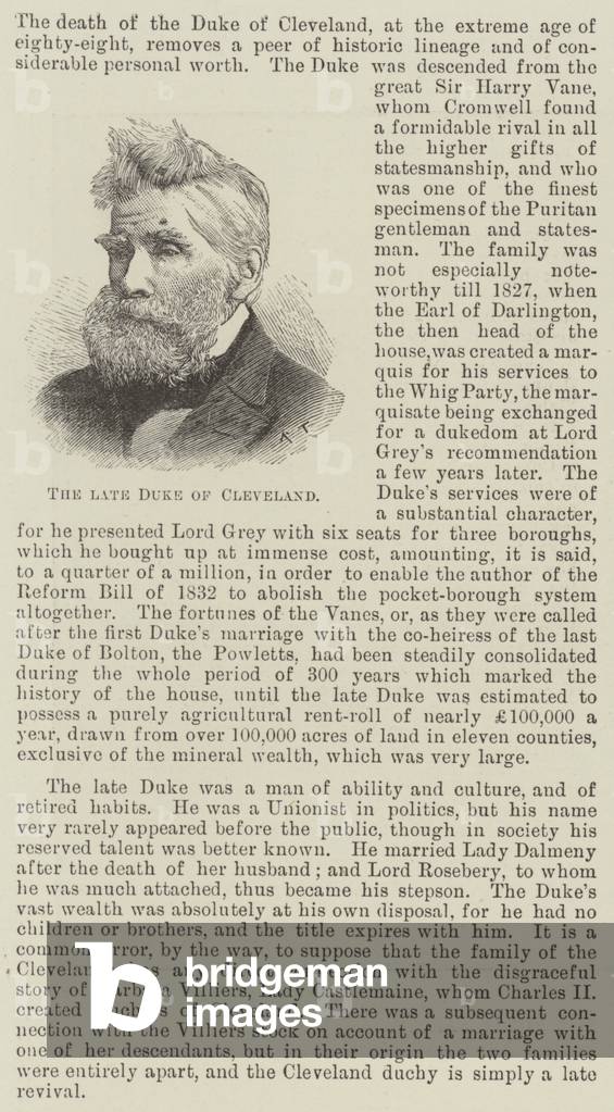 The late Duke of Cleveland (engraving)