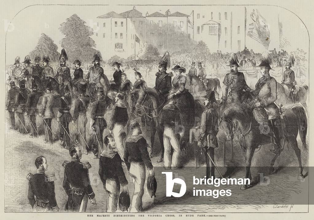 Her Majesty distributing the Victoria Cross, in Hyde Park (engraving)