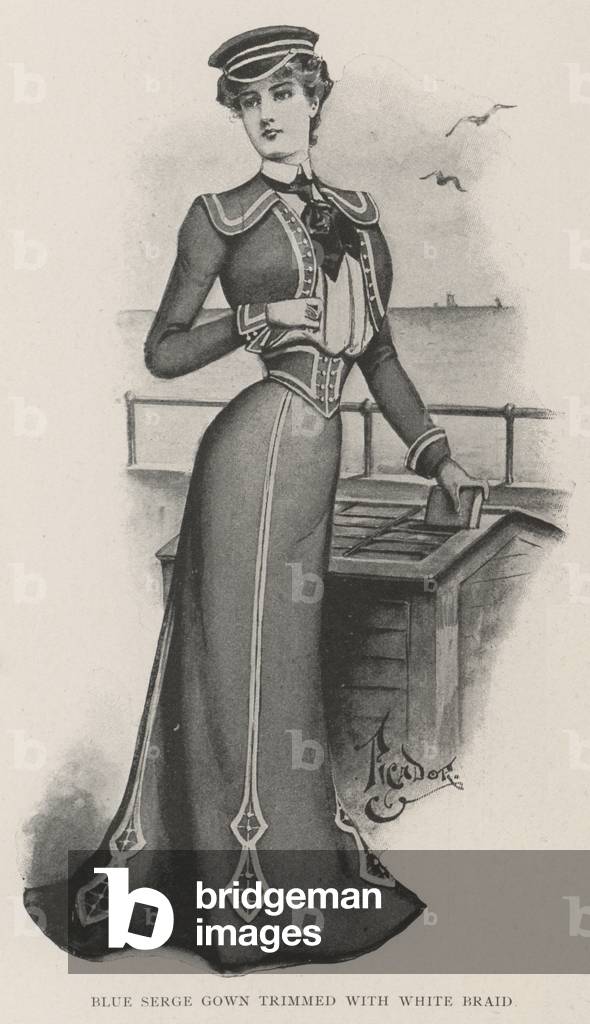 Blue Serge Gown trimmed with White Braid (litho)