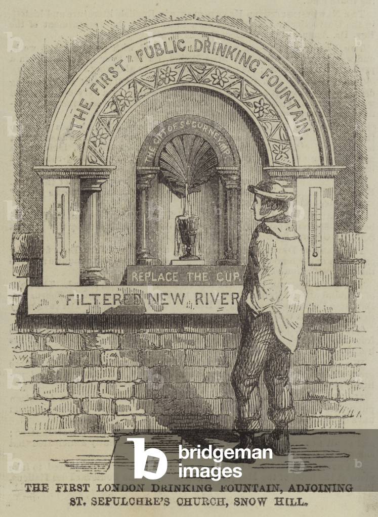 The First London Drinking Fountain, adjoining St Sepulchre's Church, Snow Hill (engraving)