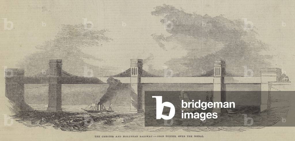 The Chester and Holyhead Railway, Iron Tunnel over the Menai (engraving)