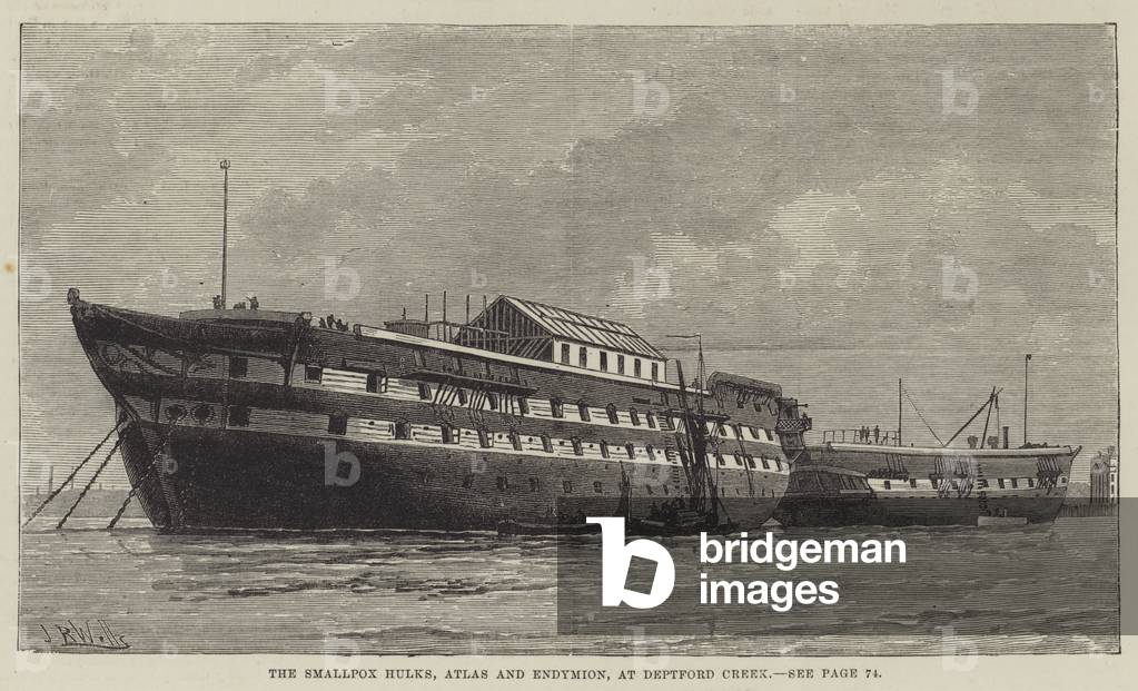 The Smallpox Hulks, Atlas and Endymion, at Deptford Creek (engraving)