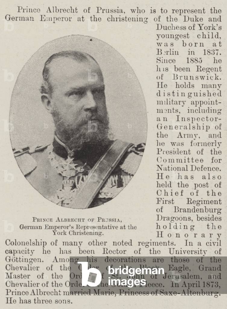 Prince Albrecht of Prussia, German Emperor's Representative at the York Christening (b/w photo)