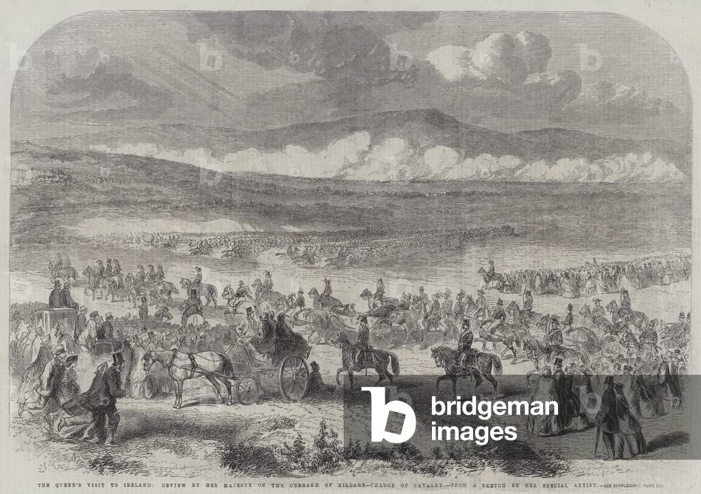 The Queen's Visit to Ireland, review by Her Majesty on the Curragh of Kildare, Charge of Cavalry (engraving)