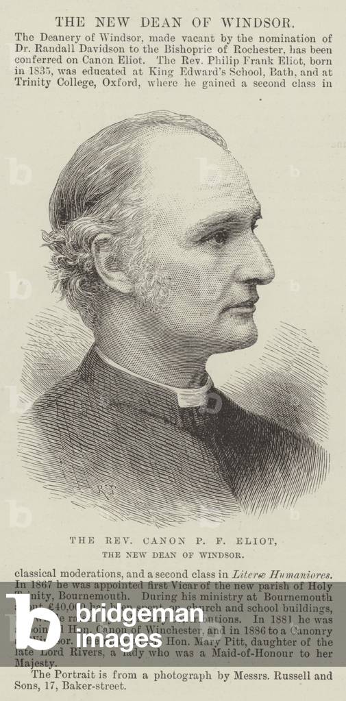 The Reverend Canon P F Eliot, the New Dean of Windsor (engraving)