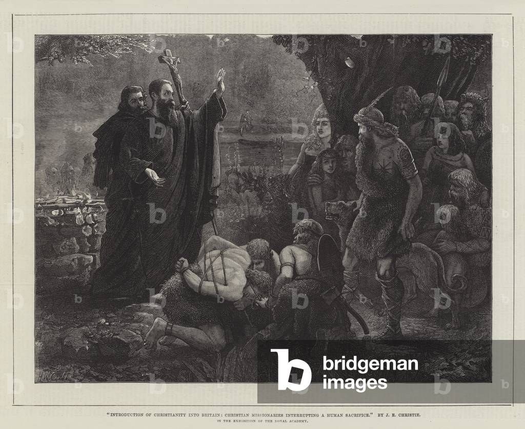 Introduction of Christianity into Britain, Christian Missionaries interrupting a Human Sacrifice, in the Exhibition of the Royal Academy (engraving)