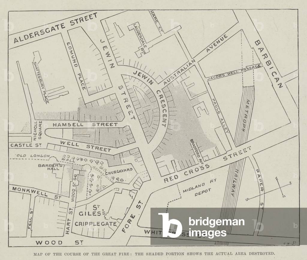 Map of the Course of the Great Fire, the Shaded Portion shows the Actual Area destroyed (engraving)