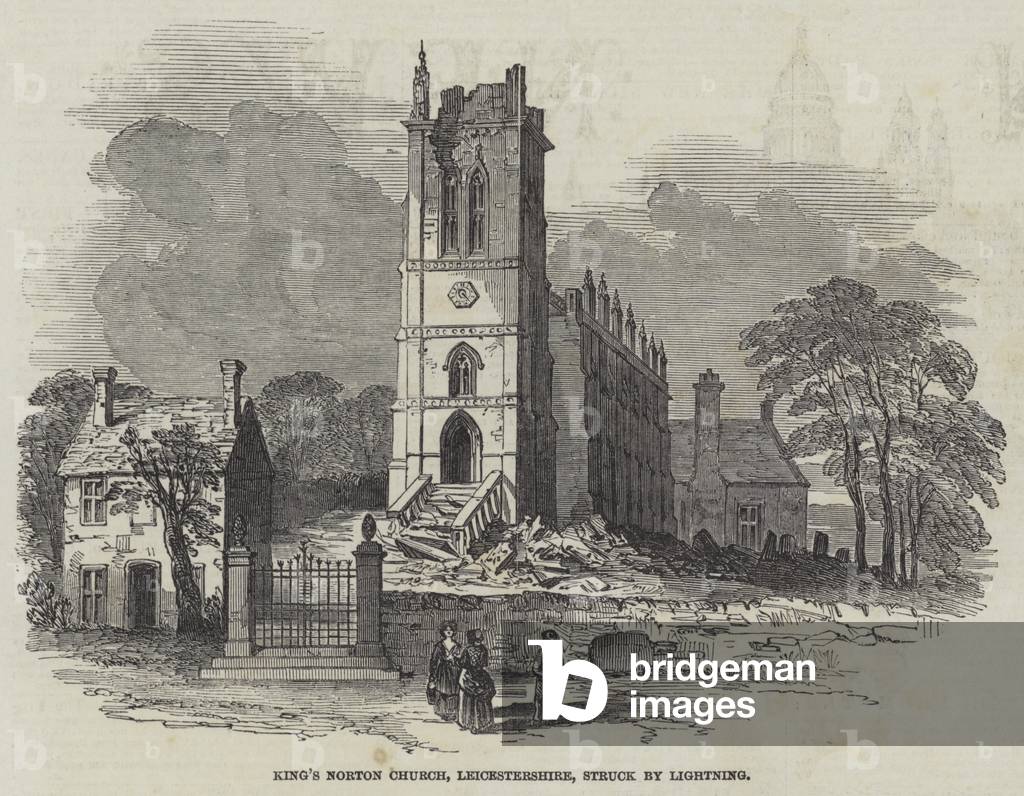 King's Norton Church, Leicestershire, Struck by Lightning (engraving)