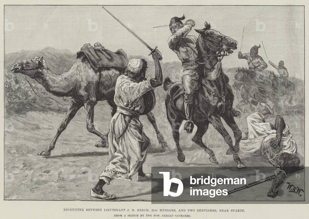 Encounter between Lieutenant J R Beech, 21st Hussars, and Two Dervishes, near Suakin (engraving)