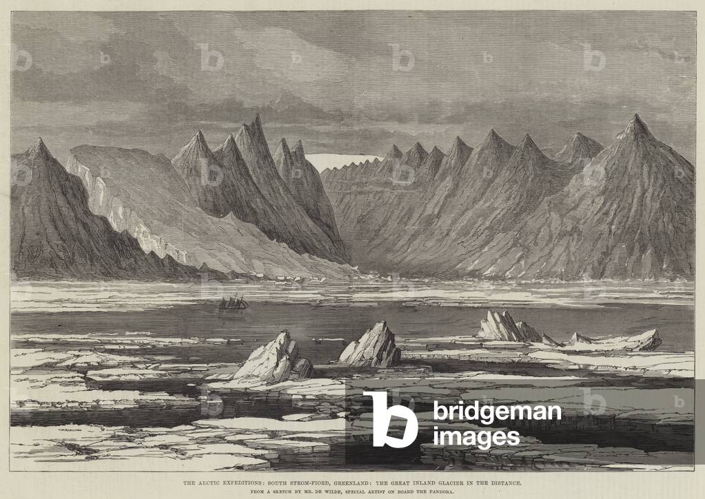 The Arctic Expeditions, South Strom-Fiord, Greenland, the Great Island Glacier in the Distance (engraving)