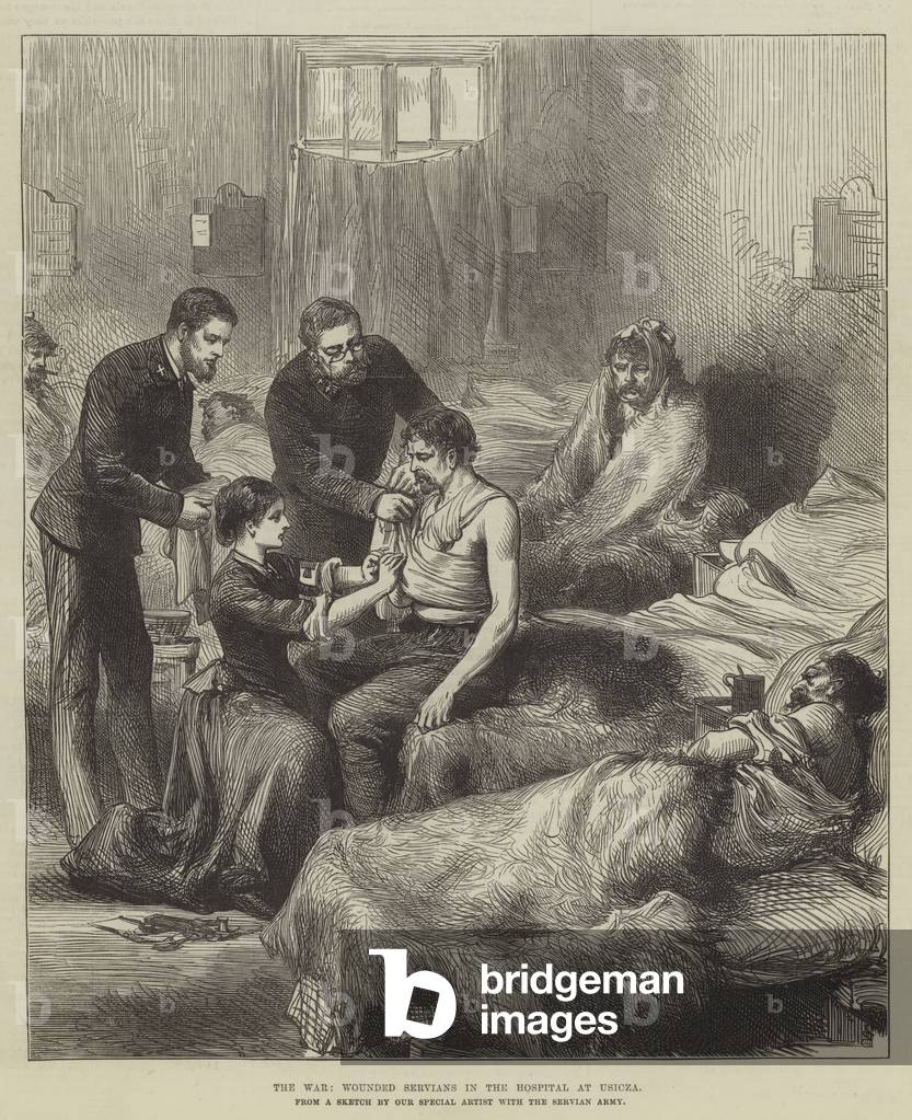 The War, Wounded Servians in the Hospital at Usicza (engraving)
