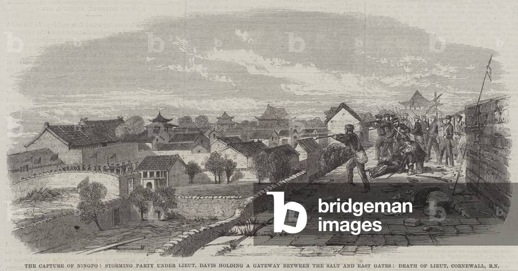 The Capture of Ningpo, Storming Party under Lieutenant Davis holding a Gateway between the Salt and East Gates, Death of Lieutenant Cornewall, RN (engraving)