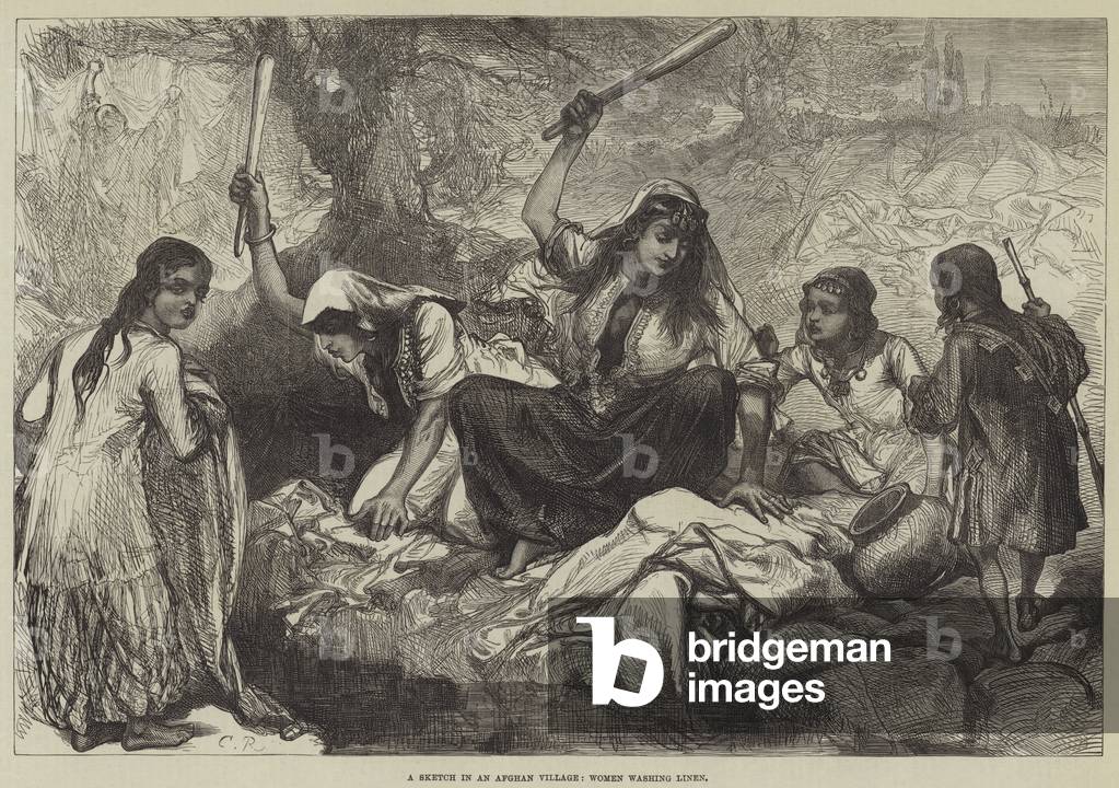 A Sketch in an Afghan Village, Women washing Linen (engraving)