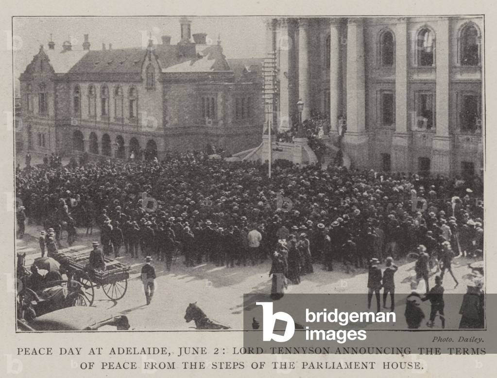 Peace Day at Adelaide, 2 June, Lord Tennyson announcing the Terms of Peace from the Steps of the Parliament House (b/w photo)