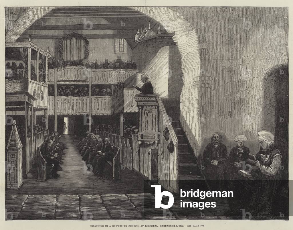 Preaching in a Norwegian Church, at Rosendal, Hardanger-Fjord (engraving)