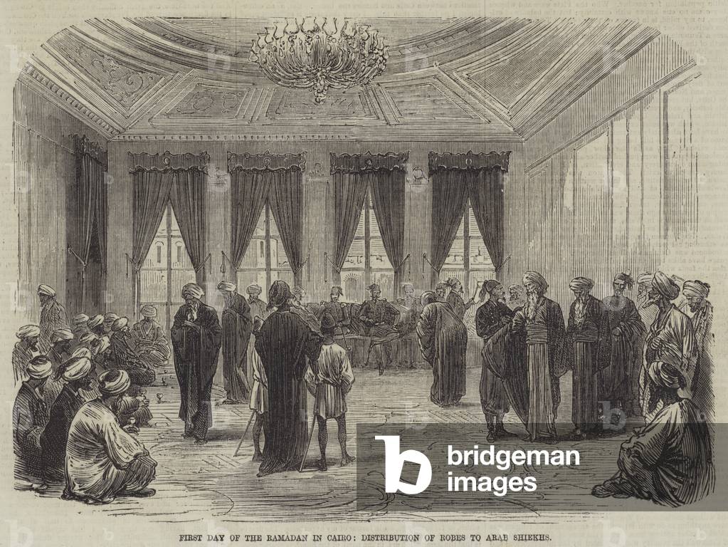 First Day of the Ramadan in Cairo, Distribution of Robes to Arab Shiekhs (engraving)