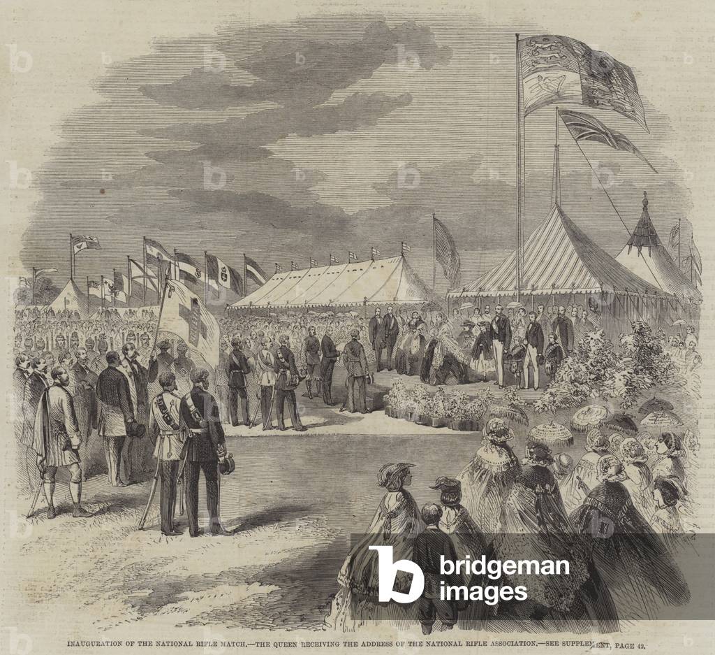 Inauguration of the National Rifle Match, the Queen receiving the Address of the National Rifle Association (engraving)