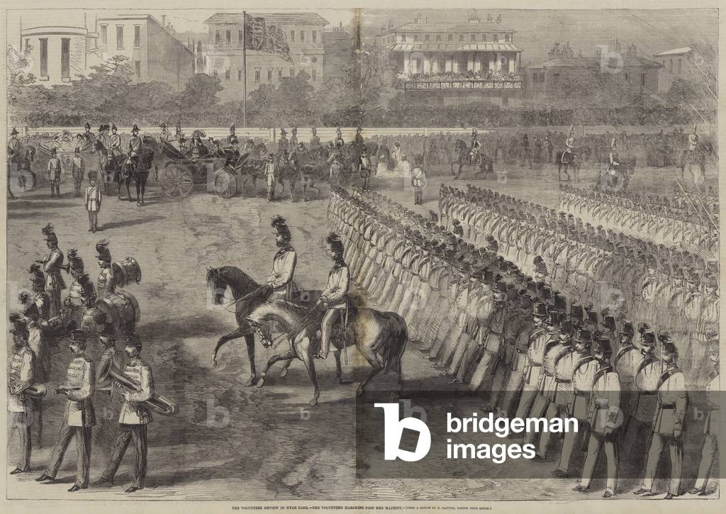 The Volunteer Review in Hyde Park, the Volunteers marching past Her Majesty (engraving)