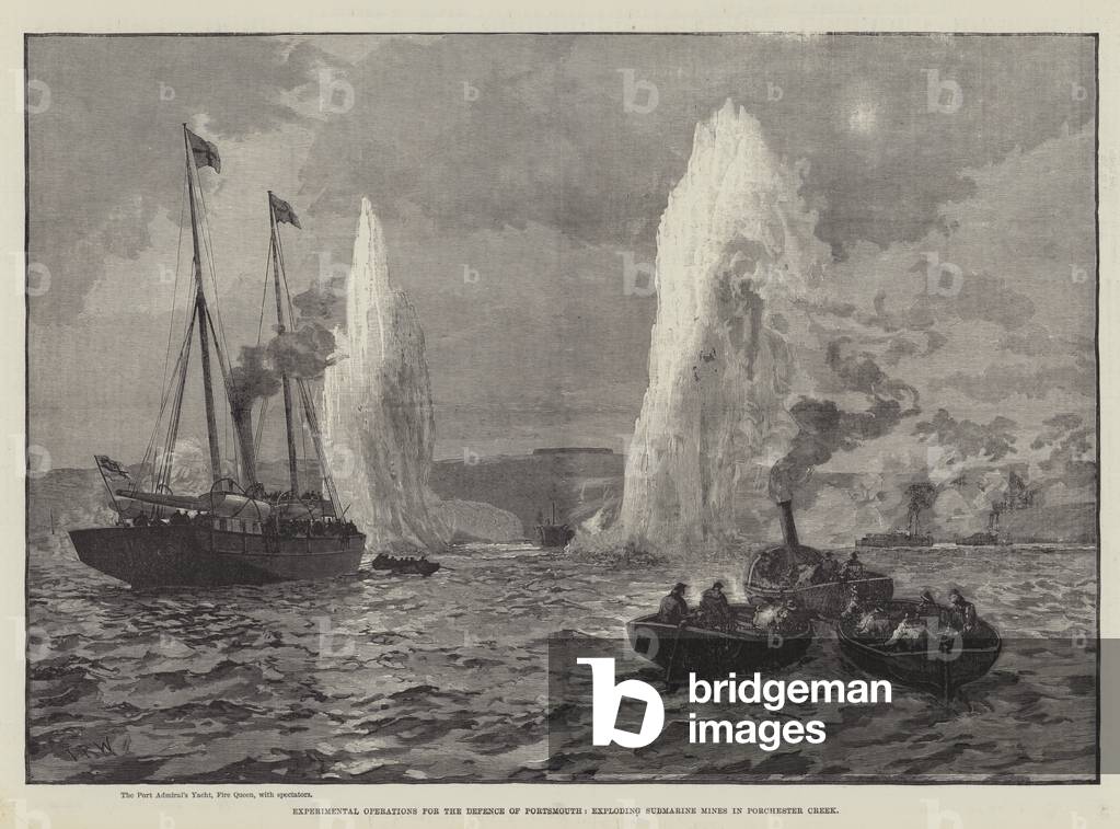 Experimental Operations for the Defence of Portsmouth, exploding Submarine Mines in Porchester Creek (engraving)