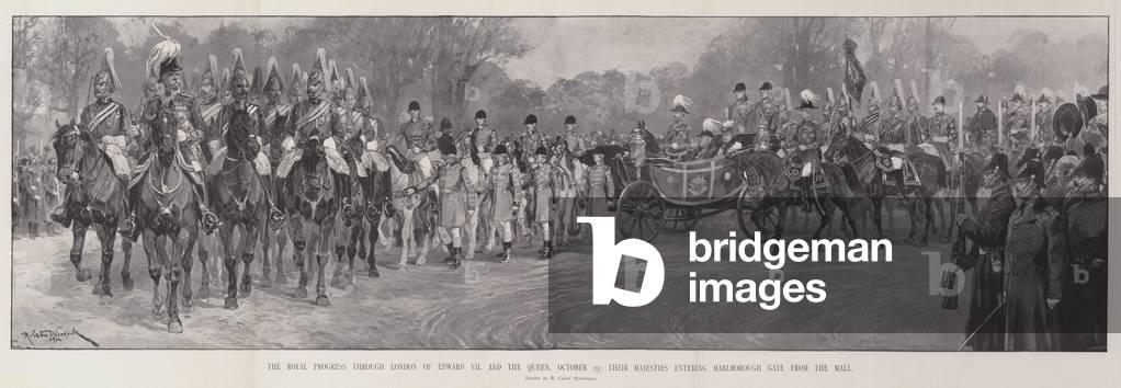 The Royal Progress through London of Edward VII and the Queen, 25 October, Their Majesties entering Marlborough Gate from the Mall (litho)
