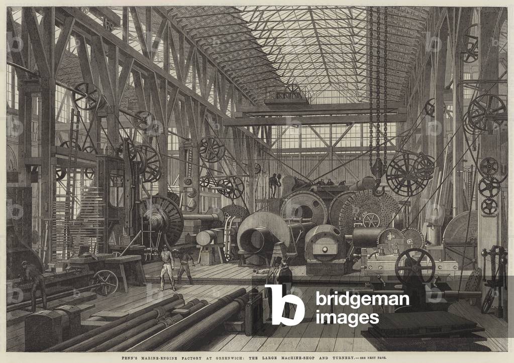 Penn's Marine-Engine Factory at Greenwich, the Large Machine-Shop and Turnery (engraving)