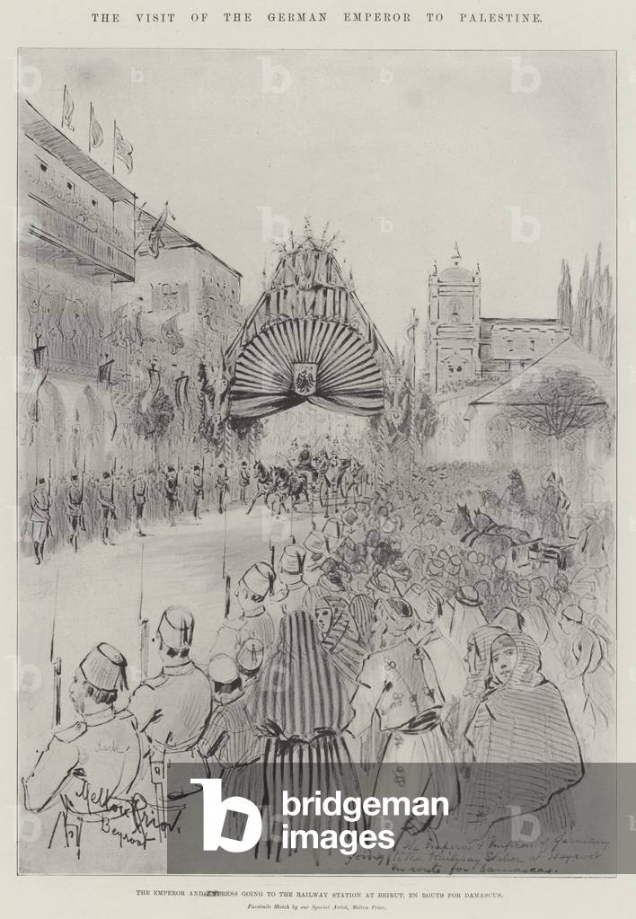 The Visit of the German Emperor to Palestine, the Emperor and Empress going to the Railway Station at Beirut, En Route for Damascus (engraving)