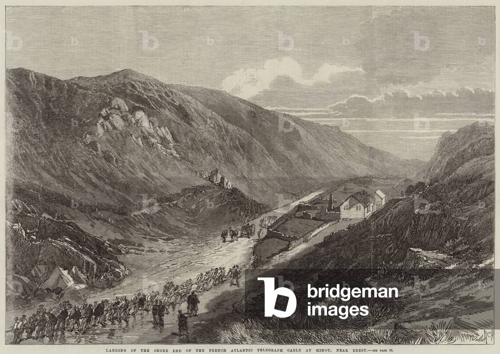Landing of the Shore End of the French Atlantic Telegraph Cable at Minou, near Brest (engraving)