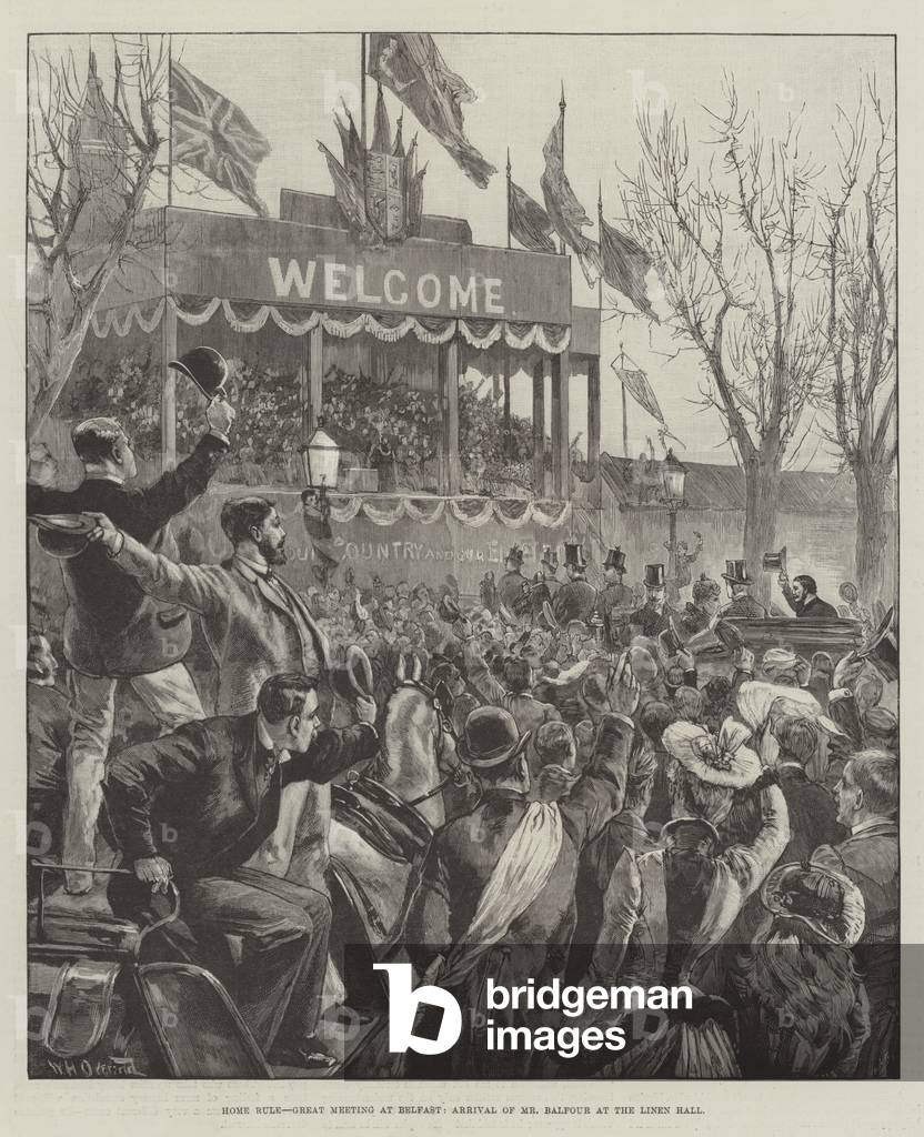 Home Rule, Great Meeting at Belfast, Arrival of Mr Balfour at the Linen Hall (engraving)