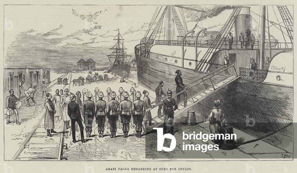 Arabi Pasha embarking at Suez for Ceylon (engraving)