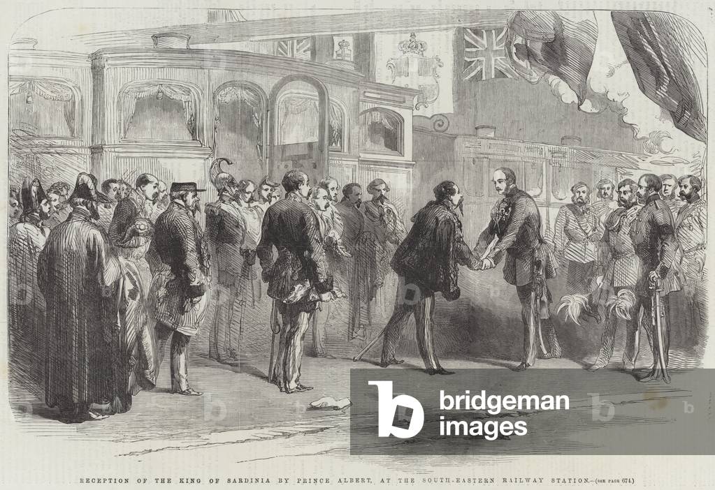 Reception of the King of Sardinia by Prince Albert, at the South-Eastern Railway Station (engraving)