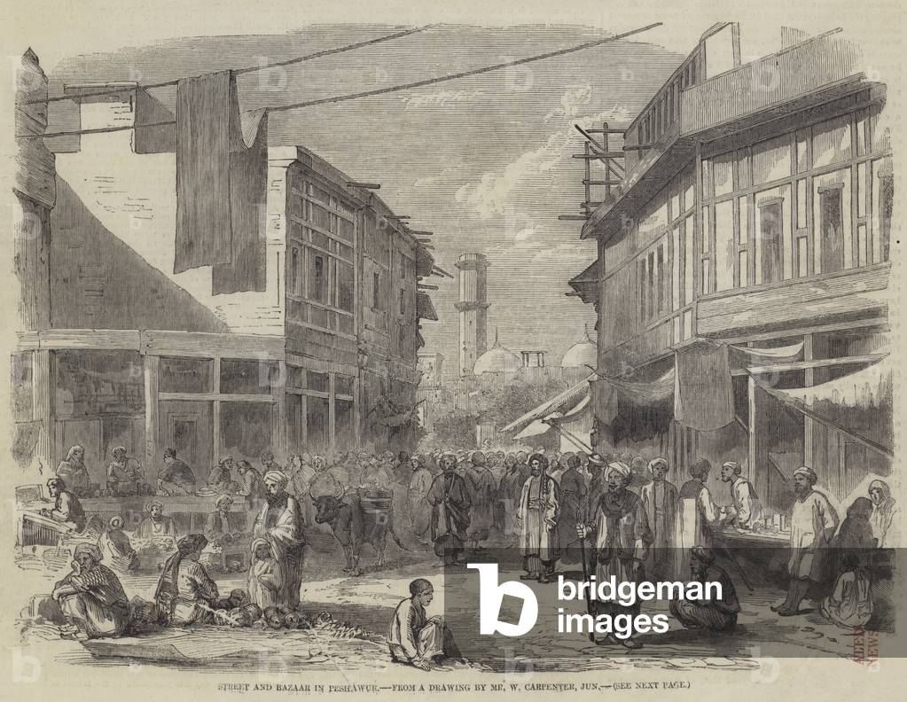 Street and Bazaar in Peshawur (engraving)