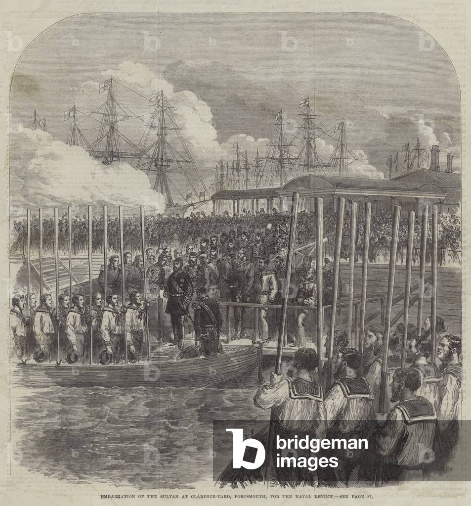 Embarkation of the Sultan at Clarence-Yard, Portsmouth, for the Naval Review (engraving)