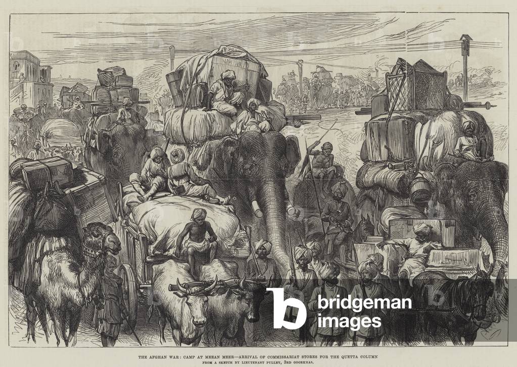 The Afghan War, Camp at Meean Meer, Arrival of Commissariat Stores for the Quetta Column (engraving)