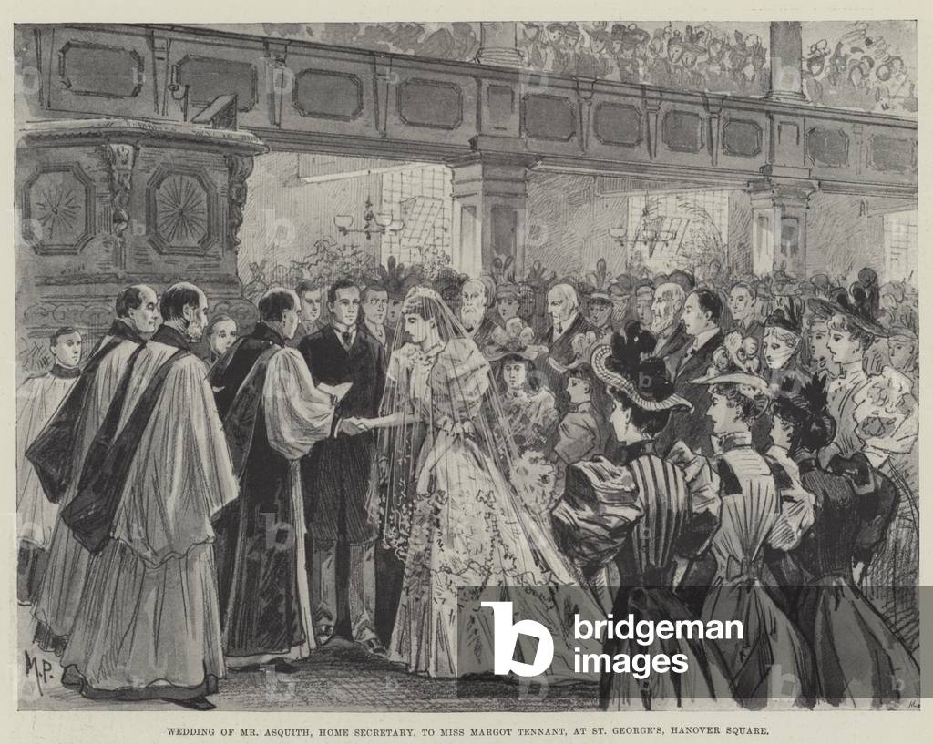 Wedding of Mr Asquith, Home Secretary, to Miss Margot Tennant, at St George's, Hanover Square (litho)