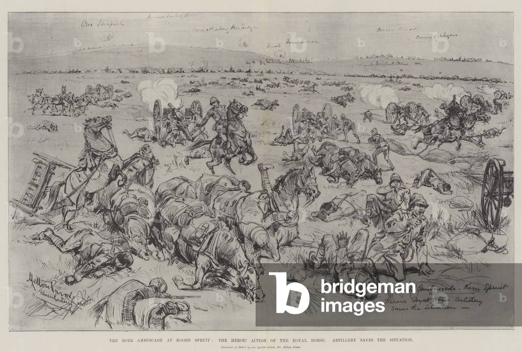 The Boer Ambuscade at Koorn Spruit, the Heroic Action of the Royal Horse Artillery saves the Situation (litho)