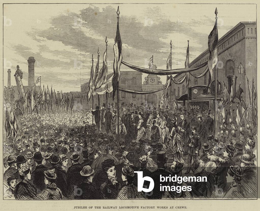 Jubilee of the Railway Locomotive Factory Works at Crewe (engraving)