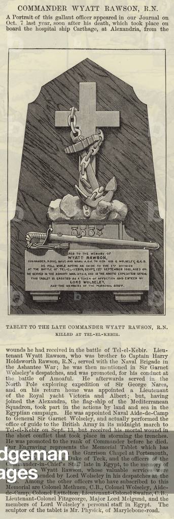 Tablet to the Late Commander Wyatt Rawson, RN, killed at Tel-el-Kebir (engraving)