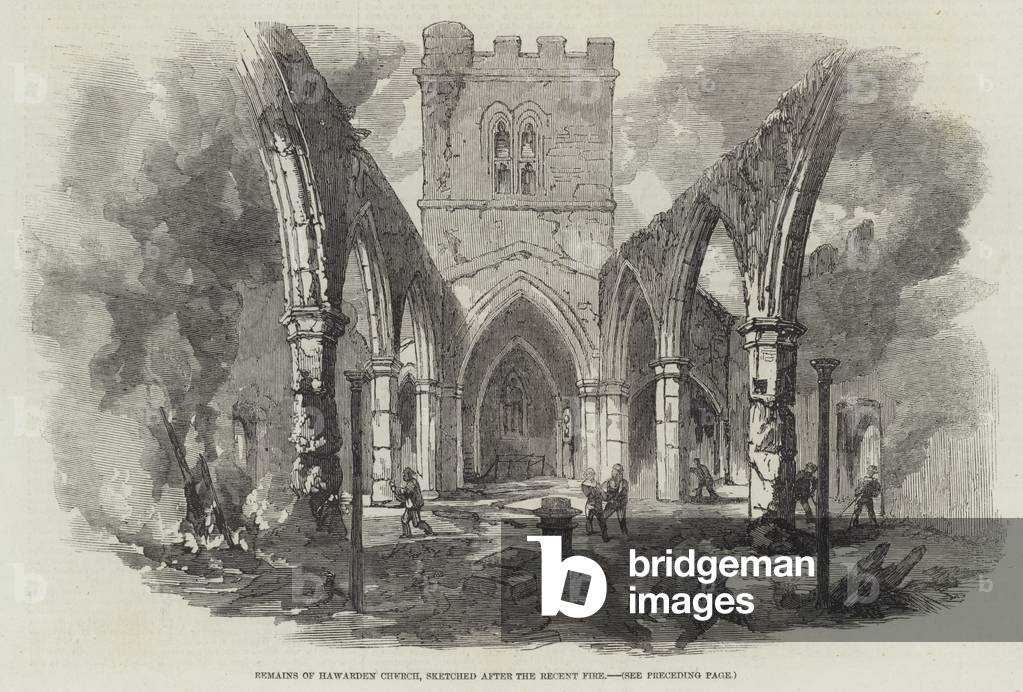 Remains of Hawarden Church, sketched after the Recent Fire (engraving)
