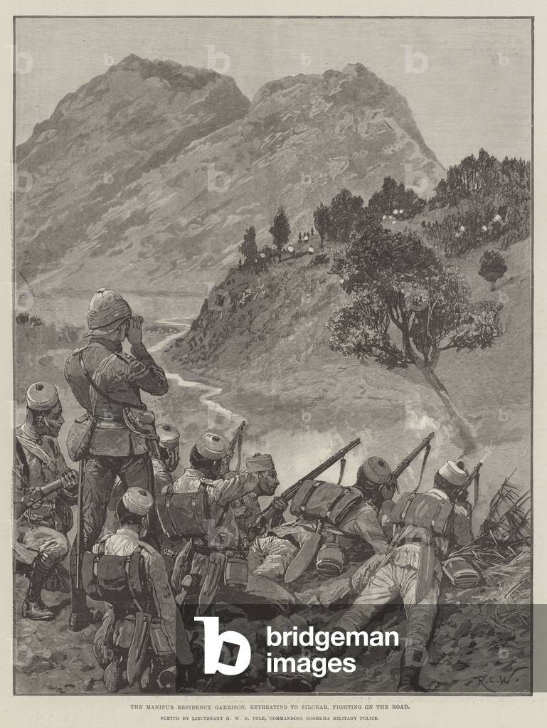 The Manipur Residency Garrison, retreating to Silchar, fighting on the Road (engraving)