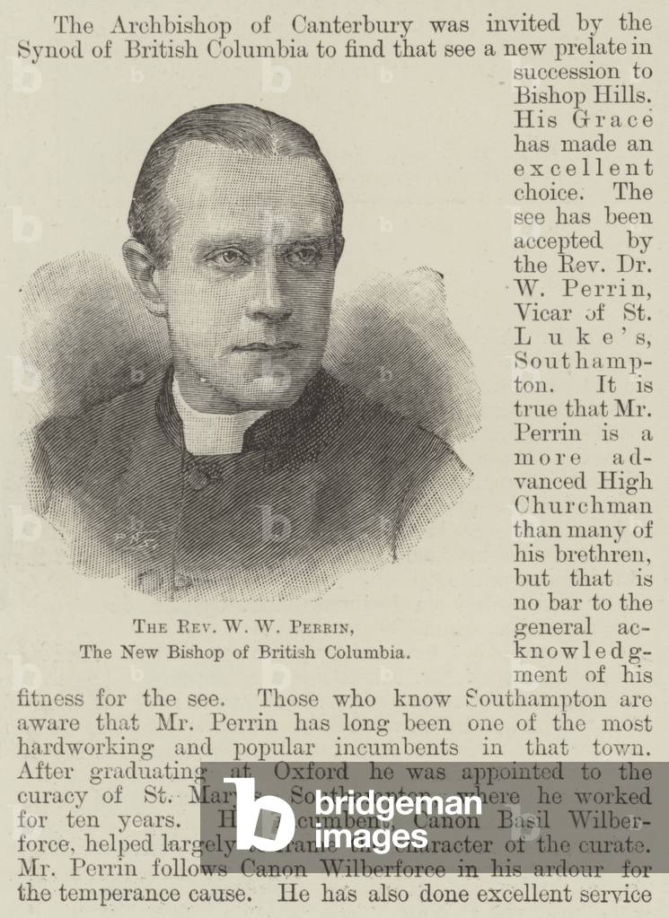 The Reverend W W Perrin, the New Bishop of British Columbia (engraving)