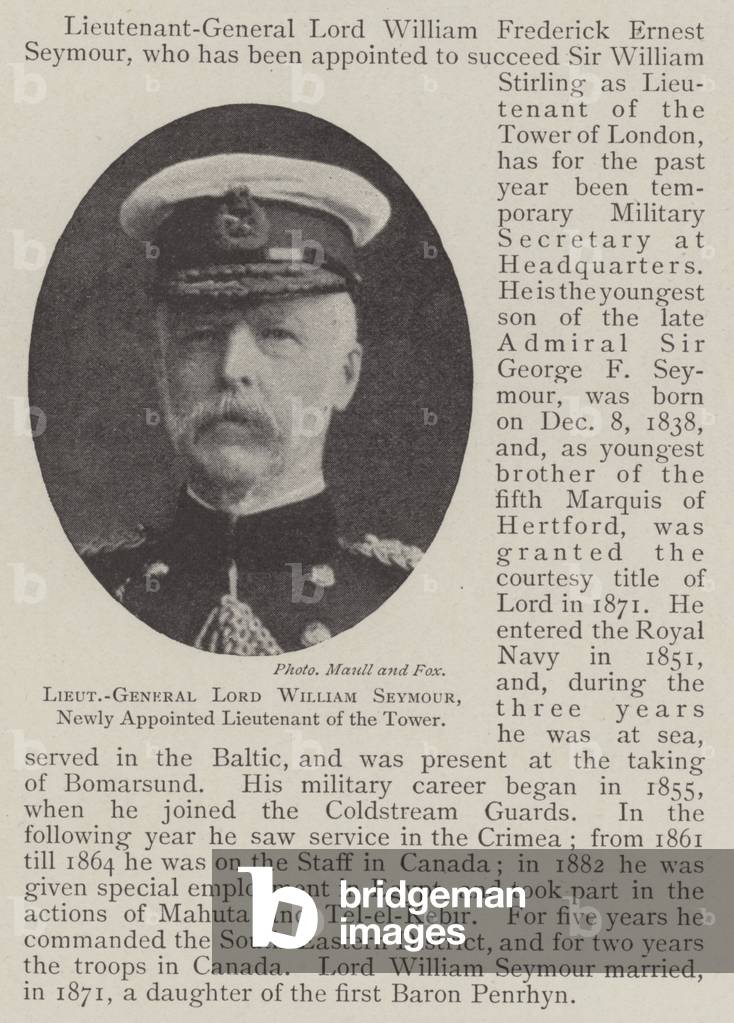 Lieutenant-General Lord William Seymour, Newly Appointed Lieutenant of the Tower (b/w photo)