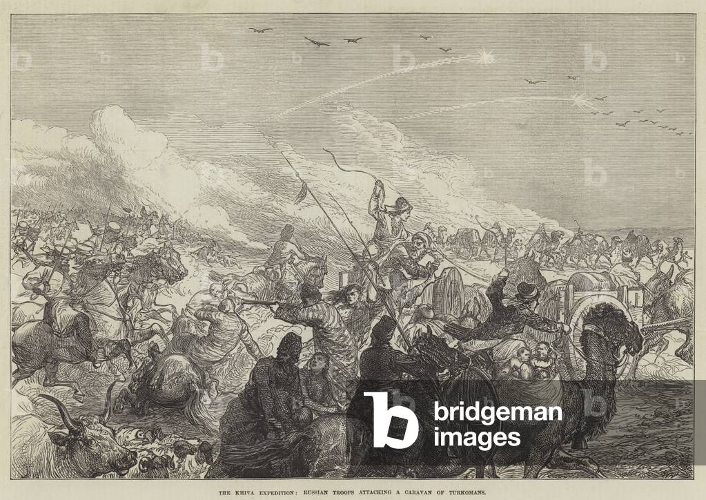 The Khiva Expedition, Russian Troops attacking a Caravan of Turkomans (engraving)