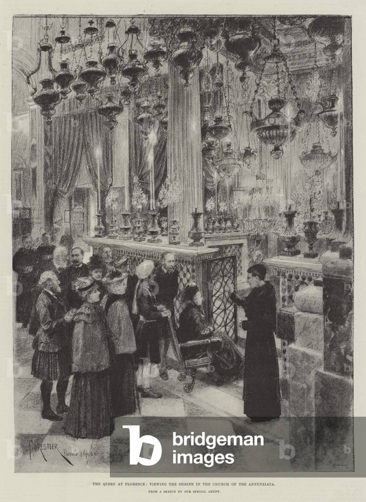 The Queen at Florence, viewing the Shrine in the Church of the Annunziata (litho)