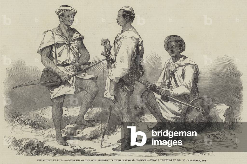 The Mutiny in India, Goorkahs of the 66th Regiment in their National Costume (engraving)