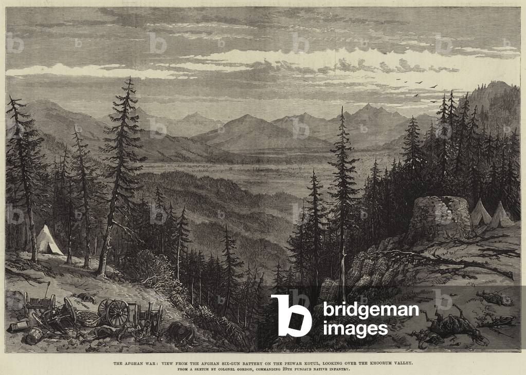 The Afghan War, View from the Afghan Six-Gun Battery on the Peiwar Kotul, looking over the Khoorum Valley (engraving)