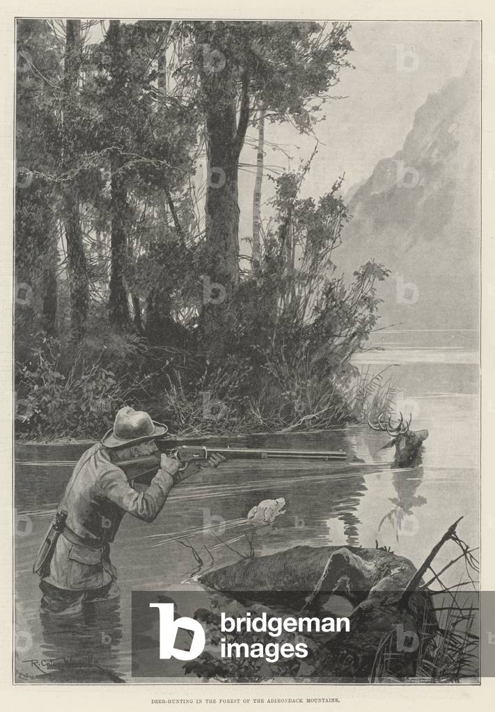 Deer-Hunting in the Forest of the Adirondack Mountains (litho)