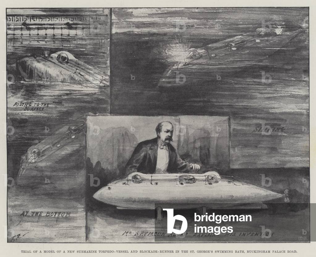 Trial of a Model of a New Submarine Torpedo-Vessel and Blockade-Runner in the St George's Swimming Bath, Buckingham Palace Road (engraving)
