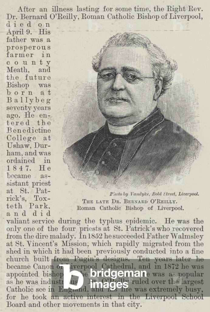 The late Dr Bernard O'Reilly, Roman Catholic Bishop of Liverpool (engraving)