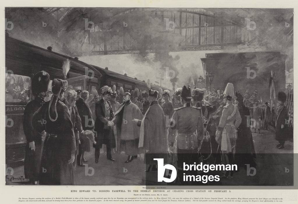 King Edward VII bidding Farewell to the German Emperor at Charing Cross Station on 5 February (litho)