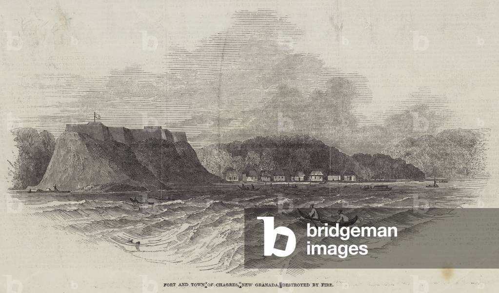 Fort and Town of Chagres, New Granada, destroyed by Fire (engraving)